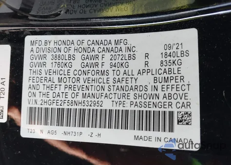 2022 Honda Civic Sport from USA, damaged, VIN 2HGFE2F58NH532952